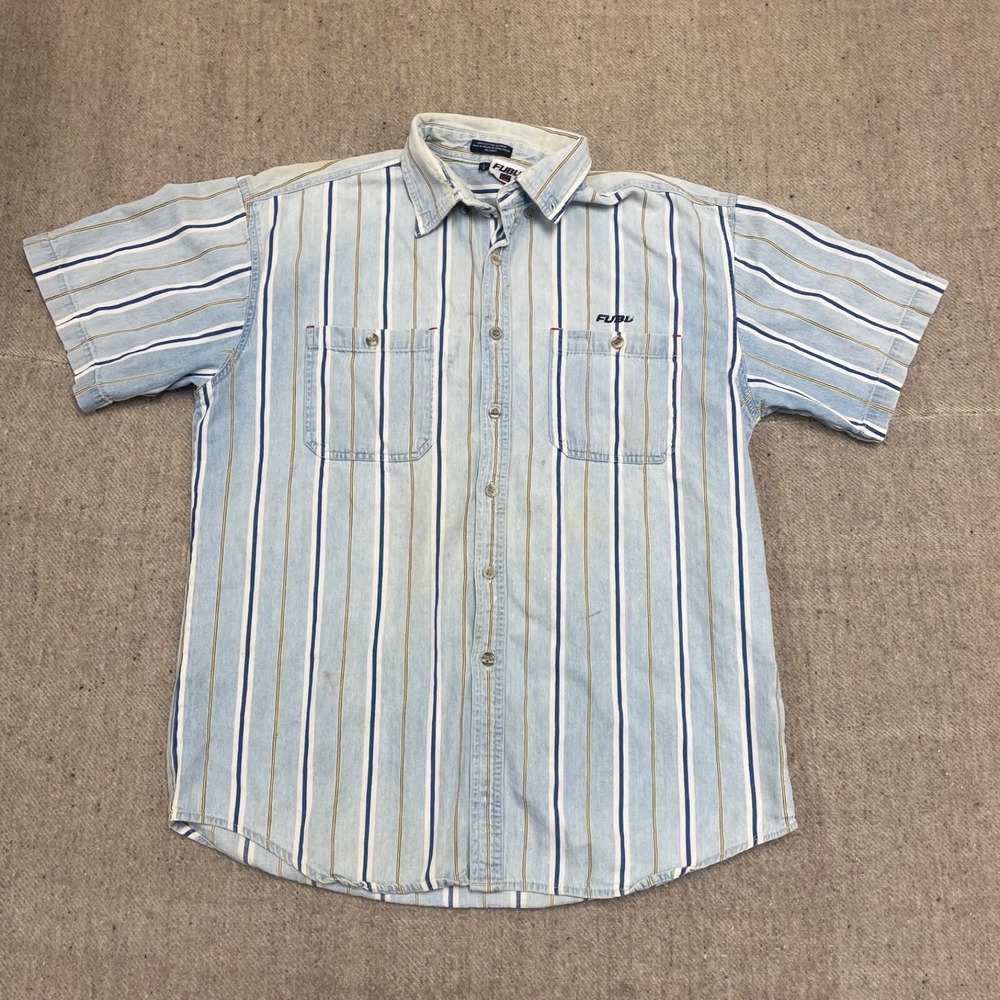 Vintage Striped Button Up Shirt Men Large Blue 1990s FUBU